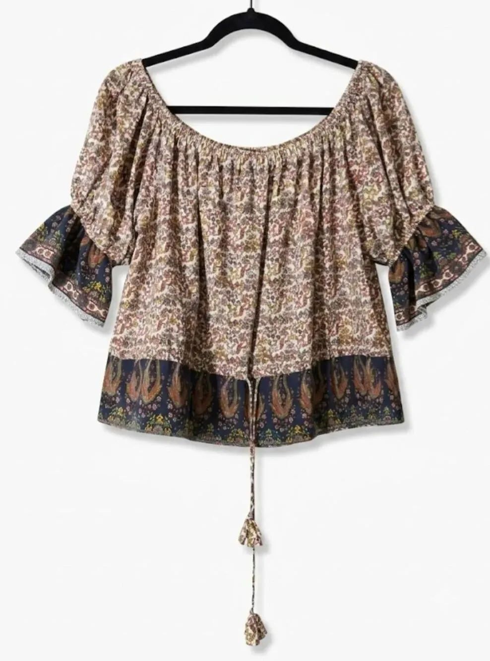 Misa los Angeles womens medium boho top paisley brown earthtone blouse viscose